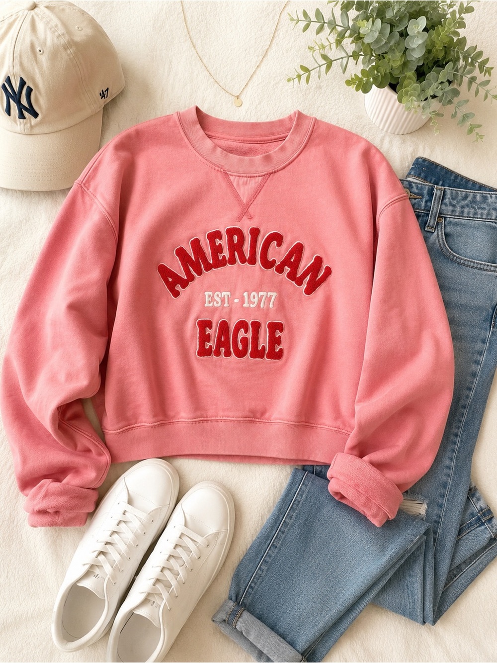 American Eagle Pink Graphic Cropped Sweatshirt “American Eagle Est. 1977